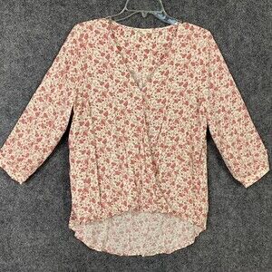 Jane & Delancey Pink Ditsy Floral Cross Front Top Women L 3/4 Sleeve Hi-low Hem
